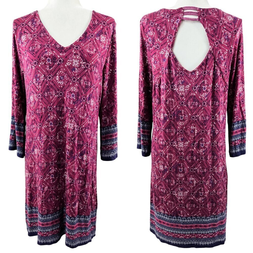 Skies Are Blue Purple Diamond Geo Open Back Flare Sleeve Dress Boho Stitch Fix